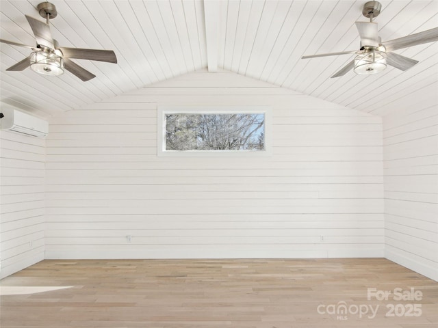 interior space featuring an AC wall unit, lofted ceiling, ceiling fan, and wood ceiling