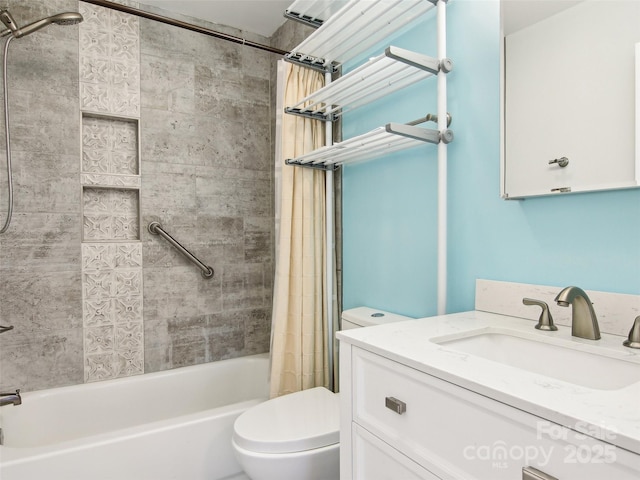 full bathroom featuring toilet, vanity, and shower / bath combination with curtain