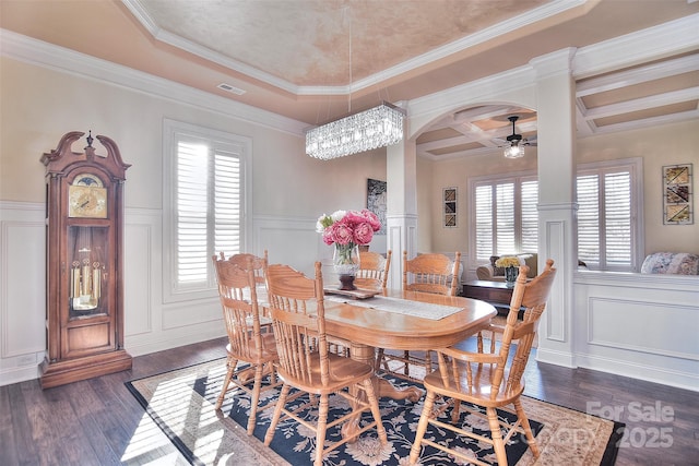 dining room with coffered ceiling, beam ceiling, dark wood-type flooring, and ceiling fan