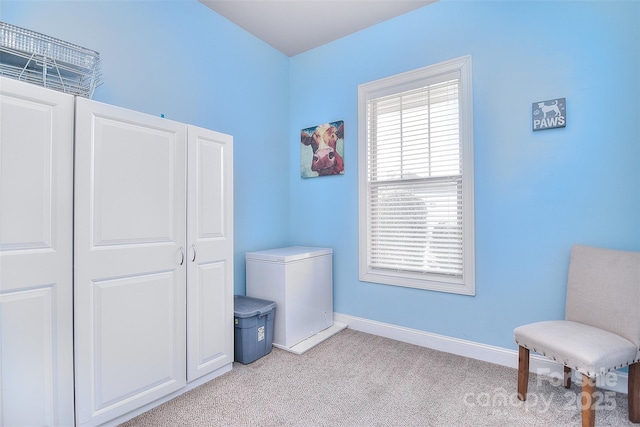 living area featuring light colored carpet and baseboards