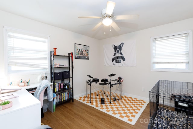 office area featuring hardwood / wood-style flooring and ceiling fan