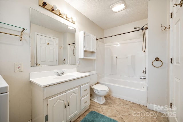 full bathroom with tub / shower combination, tile patterned flooring, vanity, a textured ceiling, and toilet