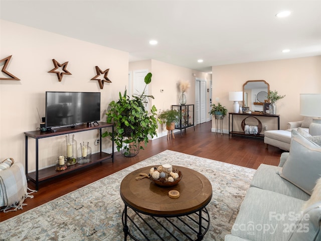 living room with dark hardwood / wood-style flooring