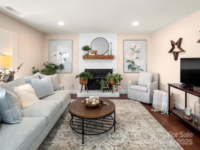 living room featuring dark wood-type flooring and a fireplace