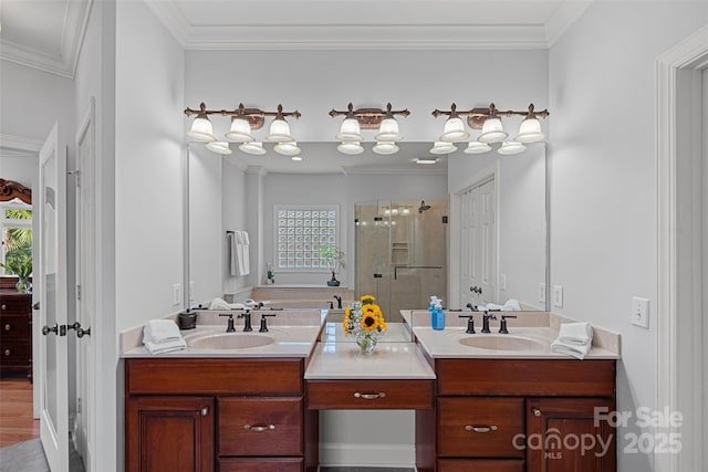 bathroom featuring ornamental molding, a shower with shower door, and vanity