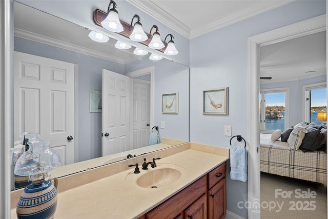 bathroom with crown molding, a water view, and vanity