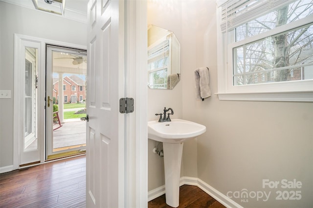 bathroom featuring a sink, wood finished floors, and baseboards