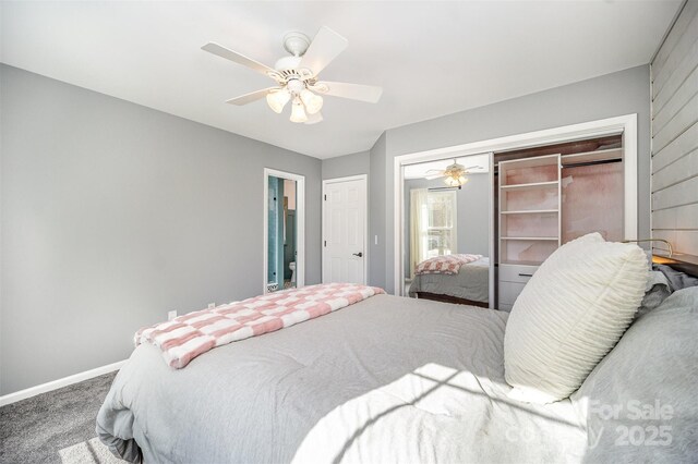 bedroom featuring ceiling fan, carpet floors, a closet, and baseboards