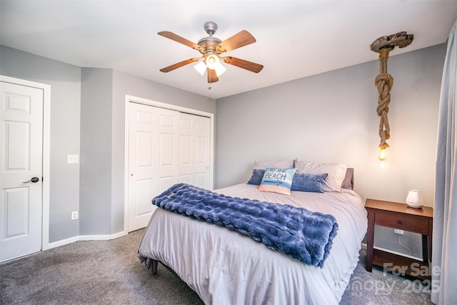 bedroom with a closet, carpet flooring, ceiling fan, and baseboards