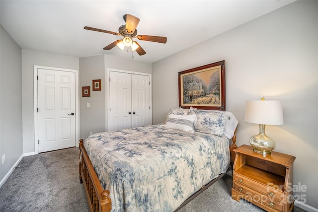 bedroom with ceiling fan, carpet floors, a closet, and baseboards