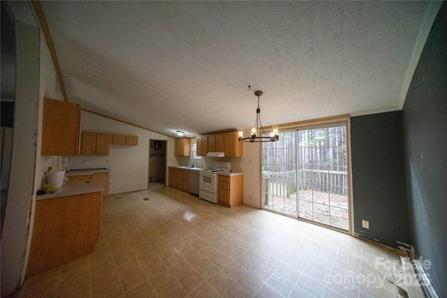 kitchen with dishwasher, vaulted ceiling, hanging light fixtures, a notable chandelier, and white electric stove