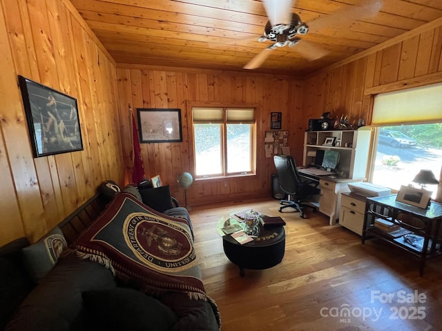 home office with wooden walls, wooden ceiling, and light wood-type flooring