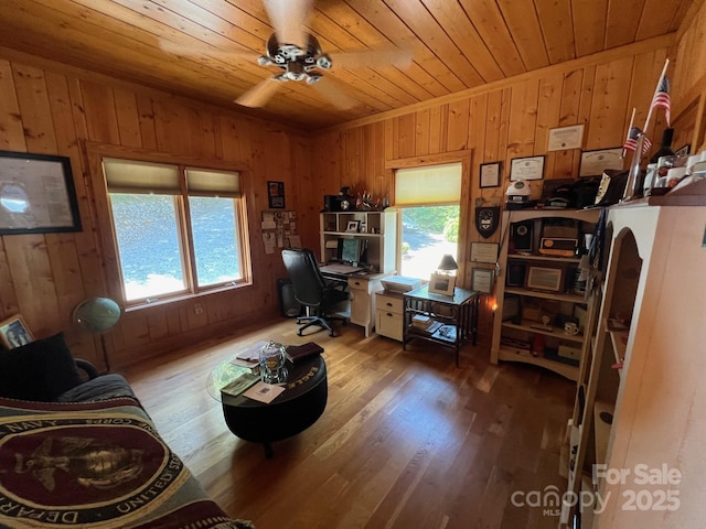 home office featuring hardwood / wood-style flooring, a wealth of natural light, and wood ceiling