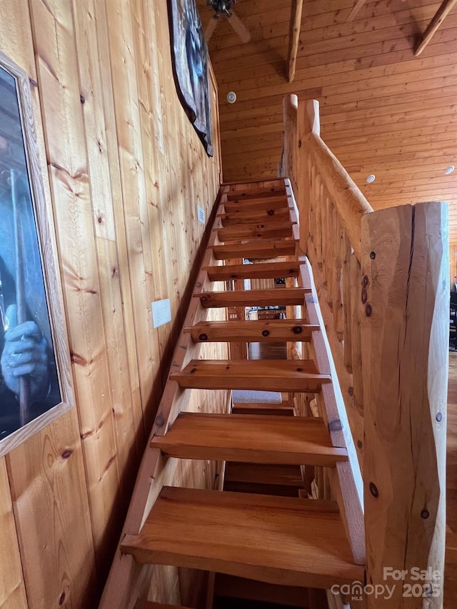 staircase with wood walls