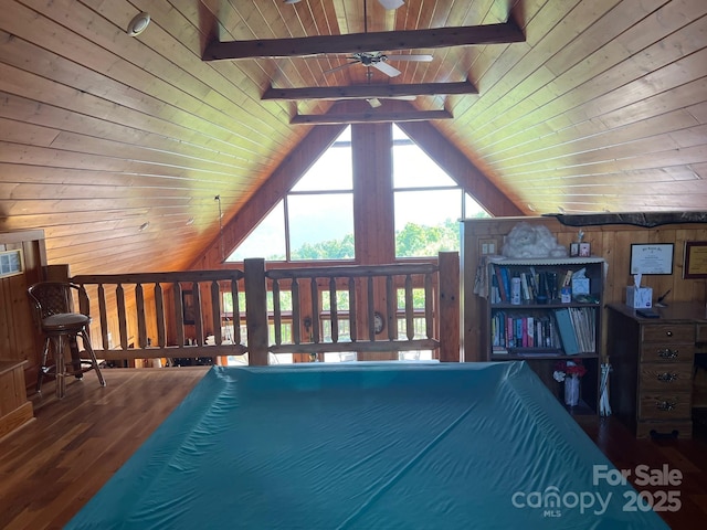 interior space with lofted ceiling with beams, wood-type flooring, wood ceiling, and wood walls