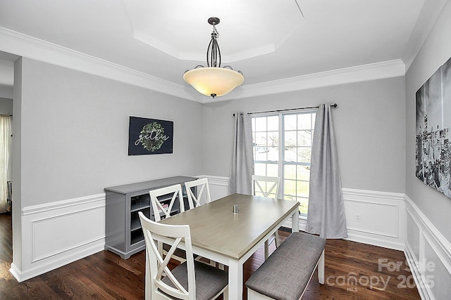 dining room with dark hardwood / wood-style flooring and a tray ceiling