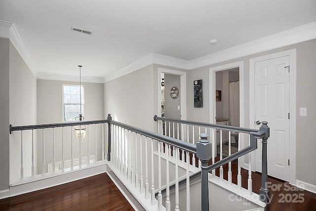 corridor featuring a notable chandelier, crown molding, and dark wood-type flooring