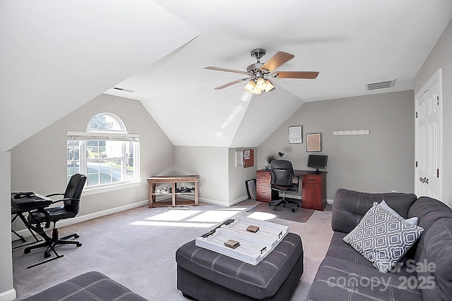 office area with lofted ceiling, ceiling fan, and carpet flooring