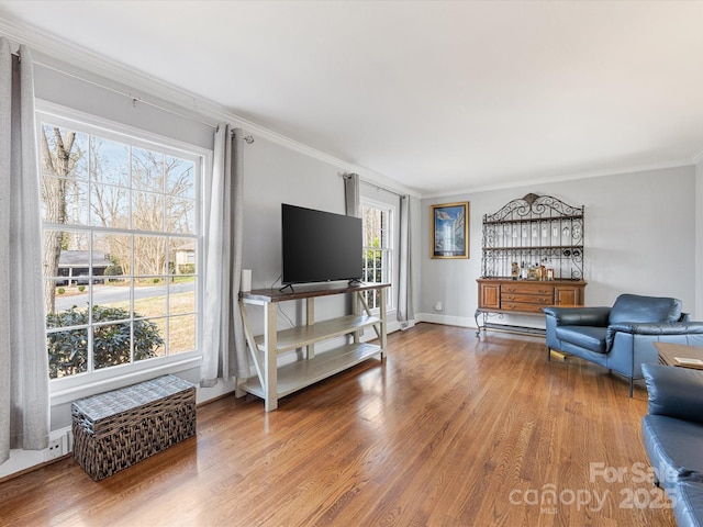 living room with baseboards, wood finished floors, and crown molding