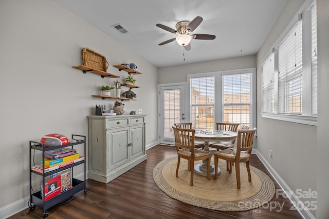 dining room featuring ceiling fan, dark wood-style flooring, visible vents, and baseboards