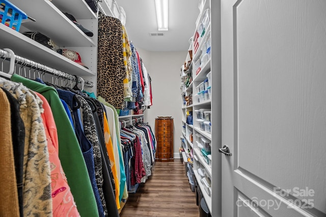 walk in closet featuring dark wood-style floors and visible vents