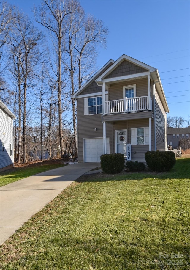 view of front of house featuring a balcony, a garage, a front lawn, and concrete driveway