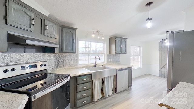 kitchen with sink, hanging light fixtures, light wood-type flooring, appliances with stainless steel finishes, and decorative backsplash