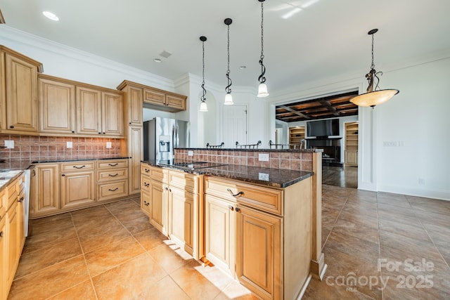 kitchen featuring coffered ceiling, a center island, hanging light fixtures, stainless steel appliances, and backsplash