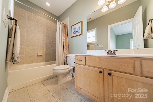 full bathroom with tile patterned flooring, vanity, toilet, and shower / bathtub combination with curtain