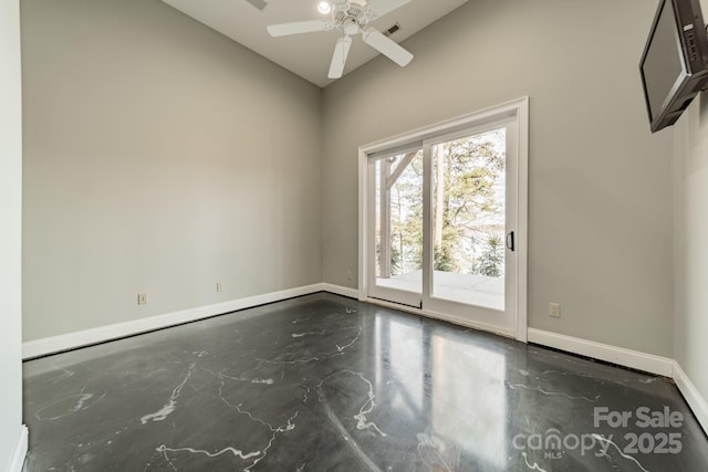 unfurnished room with lofted ceiling and ceiling fan