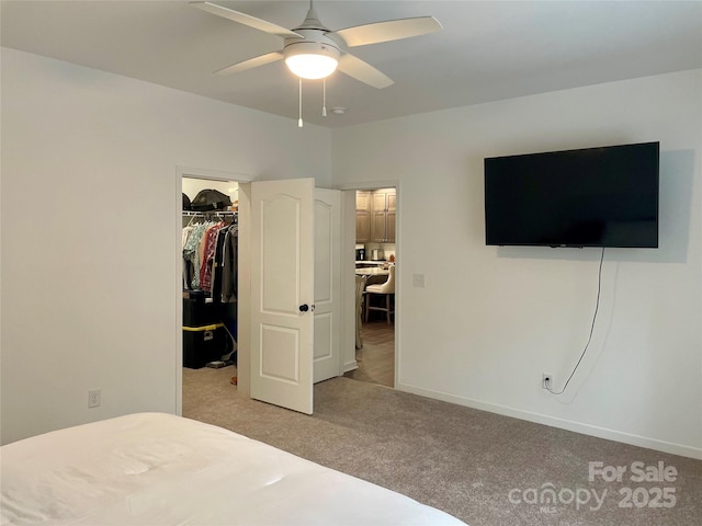 carpeted bedroom with ceiling fan, a walk in closet, and a closet