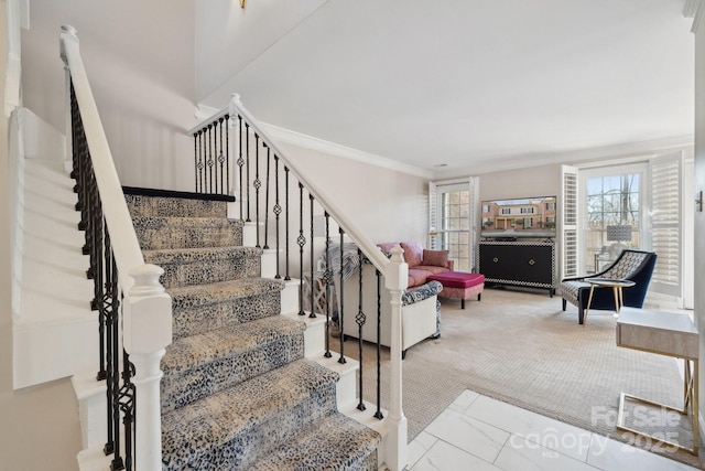 stairs featuring ornamental molding and carpet