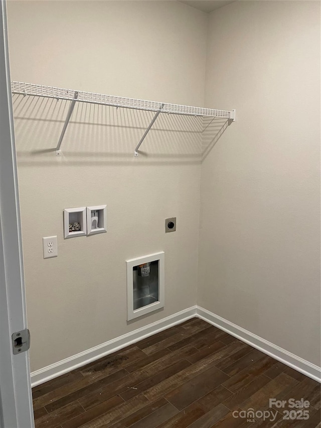 laundry room with electric dryer hookup, hookup for a washing machine, and dark hardwood / wood-style flooring