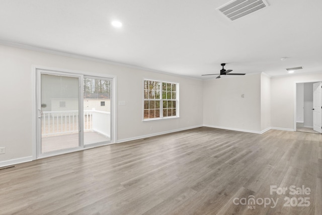 unfurnished living room featuring ceiling fan, ornamental molding, and light hardwood / wood-style flooring