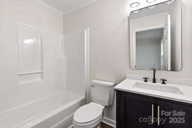 full bathroom with shower / tub combination, vanity, toilet, and ornamental molding