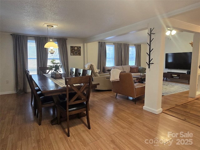 dining area with hardwood / wood-style floors and a textured ceiling