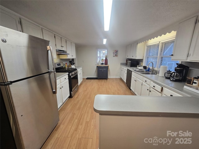 kitchen featuring white cabinetry, appliances with stainless steel finishes, light hardwood / wood-style flooring, and kitchen peninsula