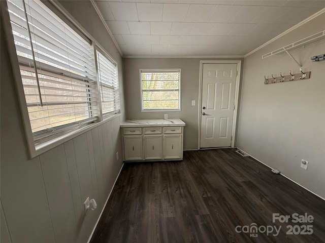 interior space featuring dark hardwood / wood-style flooring and ornamental molding