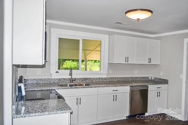 kitchen with white cabinetry, sink, stainless steel dishwasher, and stone countertops