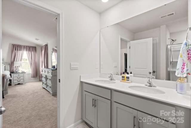 bathroom featuring vanity and vaulted ceiling