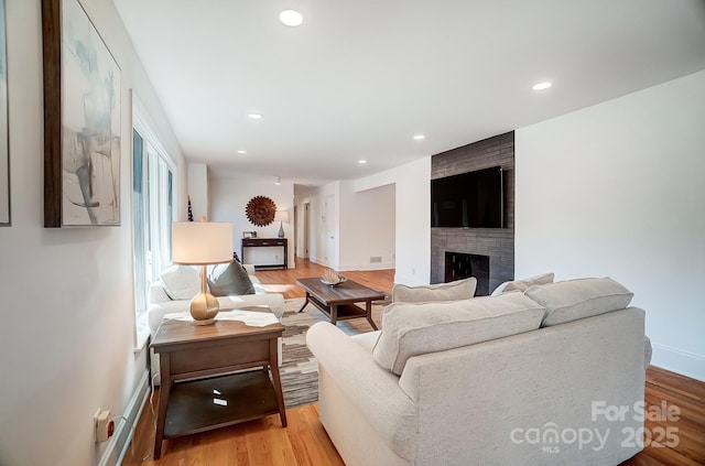 living room featuring a fireplace and light hardwood / wood-style floors