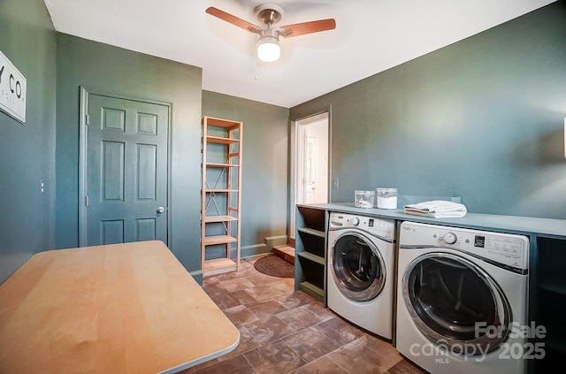 laundry area with washing machine and clothes dryer and ceiling fan