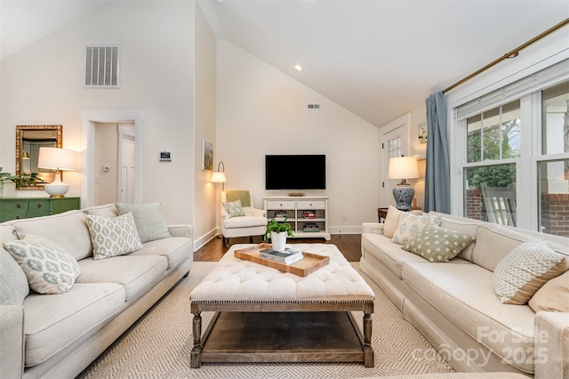 living room featuring wood-type flooring and high vaulted ceiling