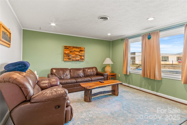 living room with ornamental molding and a textured ceiling