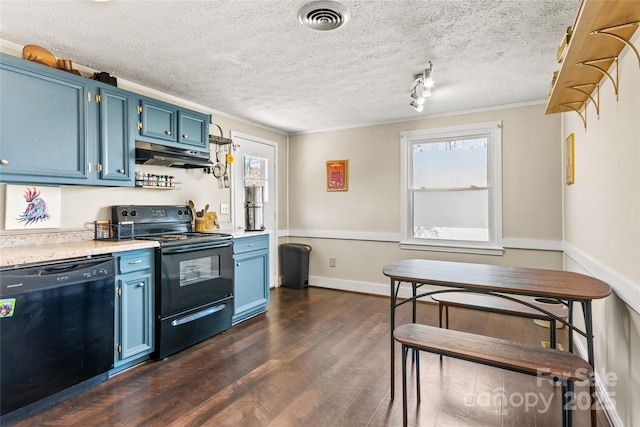 kitchen featuring blue cabinets, a wealth of natural light, a textured ceiling, and black appliances