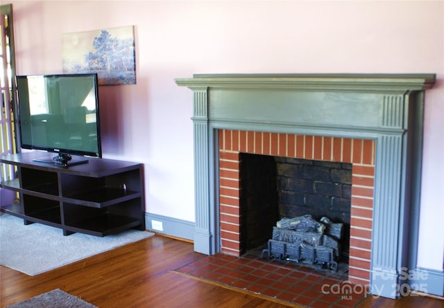 room details featuring wood-type flooring and a fireplace