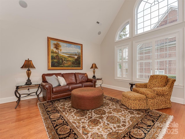 living room with high vaulted ceiling and light hardwood / wood-style floors