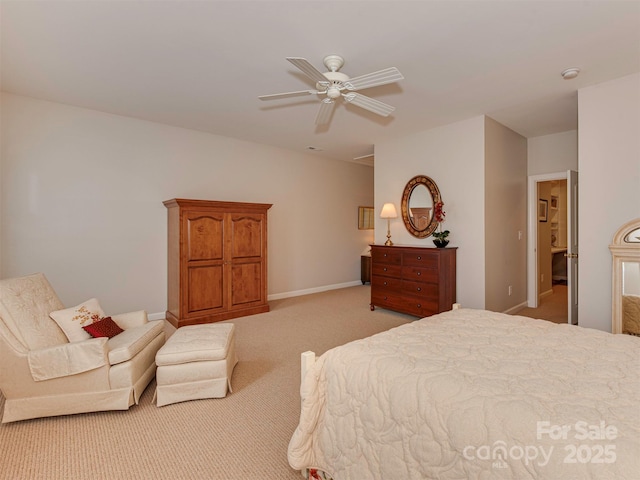 bedroom featuring light carpet and ceiling fan