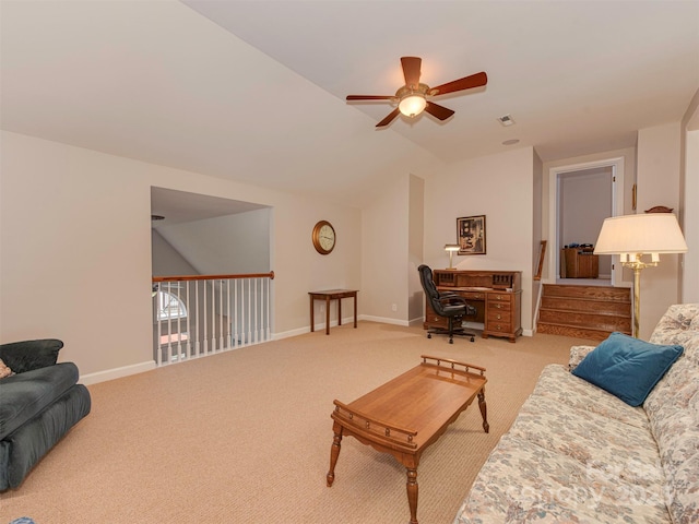 living room with lofted ceiling, carpet flooring, and ceiling fan