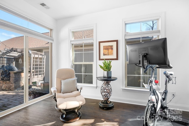 living area with a healthy amount of sunlight and dark hardwood / wood-style floors